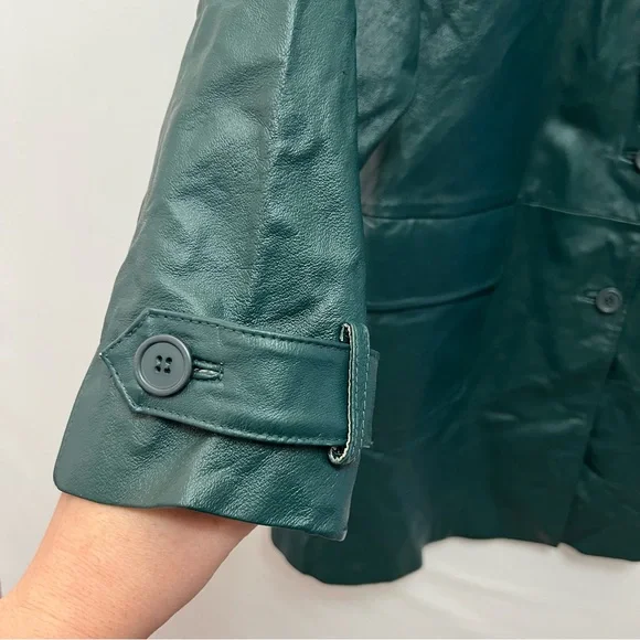 Vintage Via Accenti Dark Green Leather Jacket Button Front Coat Womens Sz 30W - Picture 4 of 11